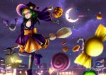  :d bad_anatomy blurry blurry_foreground breasts broom broom_riding candy cityscape cleavage commentary creature crescent_moon depth_of_field dress engrish_commentary fishnet_legwear fishnets food green_hair grey_legwear halloween hat headband jack-o'-lantern lollipop long_sleeves looking_at_viewer medium_breasts moon moonlight night night_sky open_mouth orange_eyes orange_headband orange_sash original outdoors purple_dress purple_footwear purple_hat purple_sky sash self_upload short_hair sky smile solo source_request star_(sky) starry_sky swirl_lollipop thighhighs wide_sleeves witch witch_hat wrapped_candy yemetis 