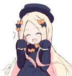  :d ^_^ abigail_williams_(fate/grand_order) bangs black_bow black_dress black_hat blonde_hair blush bow closed_eyes commentary_request dress eighth_note facing_viewer fate/grand_order fate_(series) forehead hair_bow hands_up hat head_tilt kujou_karasuma long_hair long_sleeves musical_note open_mouth orange_bow parted_bangs polka_dot polka_dot_bow signature simple_background sketch sleeves_past_fingers sleeves_past_wrists smile solo upper_body very_long_hair white_background 