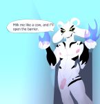  2018 anthro asriel_dreemurr balls barazoku barrier boss_monster caprine dialogue digital_media_(artwork) fangs fireball flaccid fur goat hi_res horn humanoid_penis long_ears looking_at_viewer magic male mammal muscular nipples nude open_mouth penis precum simple_background smile solo speech_bubble standing talking_to_viewer text tigertooth undertale video_games white_fur yellow_eyes 