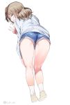  ass bangs blue_eyes blue_shorts brown_hair eyebrows_visible_through_hair from_behind full_body grin half-closed_eyes hand_on_own_leg heel_up inu_(aerodog) kneepits leaning_forward legs long_sleeves looking_at_viewer looking_back love_live! love_live!_sunshine!! medium_hair panties panty_peek shoes short_shorts shorts simple_background smile socks solo standing sweater thighs twitter_username underwear upshorts w watanabe_you white_background white_footwear white_legwear white_sweater yellow_panties 