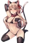  animal_ear_fluff animal_ears arisa_(shadowverse) arm_behind_head bikini black_bikini black_footwear black_gloves black_legwear blush boots breasts cat_ears cat_tail cleavage collar collarbone commentary_request covered_nipples elbow_gloves fake_animal_ears fake_tail gloves hair_ribbon hairband highleg highleg_bikini inaba_sunimi knee_boots long_hair looking_at_viewer medium_breasts navel paw_pose pointy_ears red_ribbon ribbon shadowverse simple_background sitting skindentation solo stomach sweatdrop swimsuit tail thighhighs wariza white_background 