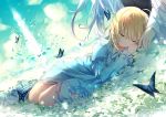  1girl ahoge artoria_pendragon_(all) blonde_hair blue_dress bug butterfly closed_eyes day dress fate/grand_order fate_(series) field floating_hair flower flower_field hair_between_eyes highres insect kamiowl long_hair long_sleeves lying merlin_(fate) on_side outdoors saber silver_hair very_long_hair white_flower 