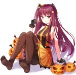  3: arm_support bangs bare_shoulders bat_wings black_gloves black_legwear blunt_bangs blush bow breasts candy closed_mouth collared_dress commentary dress eyebrows_visible_through_hair food food_themed_hair_ornament frilled_gloves frills frown full_body girls_frontline gloves hair_bow hair_ornament hairclip halloween halloween_costume head_wings highres holding jack-o'-lantern knees_up lollipop long_hair medium_breasts niji_(rudduf232) no_shoes one_side_up orange_bow orange_dress pantyhose pumpkin pumpkin_hair_ornament purple_hair red_eyes sideboob simple_background sitting sleeveless sleeveless_dress soles solo straight_hair very_long_hair wa2000_(girls_frontline) white_background wings 