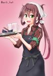  :d alternate_costume anchor_symbol anti_(untea9) apron asagumo_(kantai_collection) bandana beer_mug black_apron bowl brown_hair brown_jacket chopsticks commentary_request cowboy_shot gradient gradient_background green_eyes hair_rings highres jacket kantai_collection long_hair looking_at_viewer open_mouth pink_background sleeves_rolled_up smile solo track_suit tray twintails twitter_username v-shaped_eyebrows 