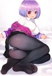  ass bangs black_legwear blush breasts button_gap collared_shirt commentary_request eyebrows_visible_through_hair feet gusset jacket large_breasts long_sleeves lying no_shoes off_shoulder on_side open_mouth panties panties_under_pantyhose pantyhose purple_hair purple_jacket red_eyes see-through shinjou_akane shiny shiny_hair shirt short_hair soles solo ssss.gridman toes underwear white_panties white_shirt wing_collar xiaoshou_xiansheng 