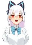  bangs blush bow commentary_request earrings girls_frontline hair_between_eyes hair_bow high_collar jewelry juz looking_at_viewer neck_ribbon open_mouth red_eyes ribbon simple_background smile solo tokarev_(girls_frontline) white_background white_hair 