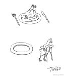  avian bird black_and_white chicken crutch escape featherless food fork hi_res humor knife line_art monochrome plate playing_dead plucked sausage signature tango_gao watermark 