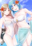  aqua_sarong arms_behind_back ball bandeau bangs bare_shoulders beachball bikini blue_hair blue_sky blush breasts brown_eyes brown_hair casual_one-piece_swimsuit cleavage closed_mouth cloud collarbone day dutch_angle eyebrows_visible_through_hair flower frilled_swimsuit frills from_side green_hair groin hair_between_eyes hair_flower hair_ornament halterneck happy head_tilt hibiscus highres hips holding holding_ball holding_beachball horizon large_breasts legs_together lifted_by_self light_rays long_hair looking_at_viewer medium_breasts mizuiro_32 moira_(nijisanji) mountainous_horizon multiple_girls navel nijisanji ocean one-piece_swimsuit outdoors parted_bangs parted_lips red_flower ribbon sarong sarong_lift see-through short_hair side_cutout signature sister_cleaire sky smile sparkle standing straight_hair strap_gap strapless strapless_bikini sun sunbeam sunlight swimsuit thigh_gap thighs transparent very_long_hair wading water white_bikini white_ribbon white_swimsuit yellow_eyes 