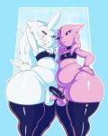  2018 4_fingers anthro beri_(sqoon) big_butt blue_background butt clothed clothing duo hair legwear looking_at_viewer male nipples null_(sssonic2) penis pink_skin puwa rubber simple_background slightly_chubby small_tail sqoon standing thick_thighs thigh_highs voluptuous white_skin 