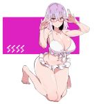  absurdres adjusting_eyewear barefoot bikini breasts cleavage frilled_swimsuit frills full_body glasses highres kneeling knees_together_feet_apart large_breasts lavender_hair looking_at_viewer makai medium_hair navel pink-framed_eyewear red_eyes semi-rimless_eyewear shinjou_akane solo ssss.gridman stomach strap_gap swimsuit thigh_gap toes under-rim_eyewear white_bikini 