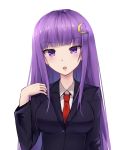  alternate_costume bangs blunt_bangs blush breasts collar commentary cosplay crescent crescent_hair_ornament danraz0r english_commentary eyebrows_visible_through_hair hair_ornament long_hair looking_at_viewer medium_breasts necktie no_hat no_headwear open_mouth patchouli_knowledge purple_eyes purple_hair red_neckwear reisen_udongein_inaba reisen_udongein_inaba_(cosplay) school_uniform simple_background solo touhou upper_body very_long_hair white_background 
