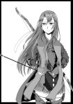  arrow bow_(weapon) commentary_request hachimaki hair_down hakama_skirt headband japanese_clothes jinbaori kantai_collection lionp_0808 long_hair monochrome muneate remodel_(kantai_collection) solo weapon zuikaku_(kantai_collection) 