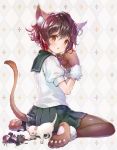  888myrrh888 :o action_figure animal animal_ears argyle argyle_background ass bangs black_legwear blush brown_hair cat cat_ears cat_tail commentary_request eyebrows_visible_through_hair figure full_body green_skirt hair_between_eyes highres kantai_collection kemonomimi_mode looking_at_viewer looking_to_the_side mutsuki_(kantai_collection) open_mouth pantyhose paws pleated_skirt remodel_(kantai_collection) rigging school_uniform serafuku shirt short_hair short_sleeves sitting skirt solo tail wariza white_cat 