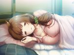  1girl ahoge breasts brown_eyes brown_hair cleavage day deep_one_(game) futon game_cg highres indoors itsukino_konoka large_breasts light_smile long_hair looking_at_viewer lying matching_hair/eyes natsuhiko on_side original pajamas parted_lips pillow shiny shiny_hair smile solo under_covers upper_body 