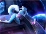  anthro bed bed_sheet bedding blue_fur breasts canine clothed clothing ears_back earth female fox fur half-closed_eyes hologram kneeling mammal navel on_bed panties pig_(artist) pillow raised_tail shirt slippers solo space spacecraft star tank_top underwear vehicle whiskers window 