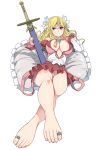  barefoot blonde_hair blue_eyes blush breasts circlet cleavage feet flower hair_flower hair_ornament highres jewelry long_hair looking_at_viewer masao necklace no_panties original pubic_hair sheath sheathed simple_background smile solo sword toe_ring weapon white_background 