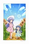  absurdres arm_up armpits blue_hair blush_stickers child closed_eyes cloud commentary_request day dress flower full_body furude_rika hand_on_headwear hanyuu hat highres higurashi_no_naku_koro_ni holding_hands kototoki long_hair multiple_girls open_mouth outdoors pink_dress purple_eyes purple_hair sandals sketch sky smile sun_hat sundress sunflower traditional_media walking younger 