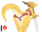  2018 anthro backsash big_butt blush bra butt clothing digital_media_(artwork) dragon embarrassed female horn looking_at_viewer looking_back melee_weapon reptile scales scalie simple_background solo standing sword underwear weapon white_background 