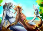  2016 anthro beach big_breasts blue_dragon blue_eyes blue_hair blush breasts brown_hair butt digital_media_(artwork) dragon duo female female/female flower fullbody hair ice_dragon long_hair multicolored_hair naahva nature nude outside pink_eyes plant ribbons sea seaside two_tone_hair water 