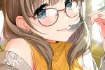  bangs blue_eyes brown_hair closed_mouth commentary_request earrings eyebrows_visible_through_hair fingernails glasses holding holding_spoon jewelry light_blush light_smile long_hair looking_at_viewer necklace original self_shot solo spoon spoon_in_mouth sweater tareme tsukana_(saba_mizore) 