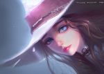  artist_name blue_eyes brown_hair choker commentary dated english_commentary hat highres lips long_hair looking_at_viewer mars_foong nose original portrait simple_background solo 
