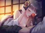  1girl areolae ass bare_shoulders black_hair blush breasts censored deep_one_(game) erection fellatio flat_chest game_cg half-closed_eyes highres hinamori_saya indoors japanese_clothes licking long_hair lying mosaic_censoring natsuhiko nipples no_bra open_clothes oral original penis saliva solo_focus tongue yellow_eyes 