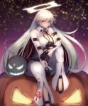  alder black_gloves breasts chain cleavage closed_mouth collarbone eyebrows_visible_through_hair gloves guilty_gear high_heels highres jack-o'-lantern jack-o'_valentine large_breasts long_hair looking_at_viewer red_eyes sitting smile solo very_long_hair white_hair 