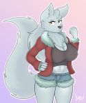  2018 anthro big_breasts breasts canine chest_tuft clothed clothing crop_top cutoffs deep_navel denim_shorts digital_media_(artwork) doxxyl female hair hands_on_hips hi_res huge_breasts long_hair looking_at_viewer mammal midriff muscular muscular_female navel nipple_bulge scar shirt shorts solo thick_thighs tuft velvela voluptuous wide_hips wolf yellow_eyes 