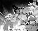  1girl assassin_(fate/stay_night) dual_wielding duel earrings fate/grand_order fate_(series) greyscale highres holding holding_sword holding_weapon japanese_clothes jewelry katana miyamoto_musashi_(fate/grand_order) monochrome obi ootachi ponytail sash sword weapon yoshiki360 