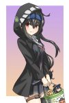  artist_request black_hair black_jacket black_legwear blazer blue_headband bucket check_commentary closed_mouth commentary_request cosplay eyebrows_visible_through_hair fairy_(kantai_collection) halloween hat hatsushimo_(kantai_collection) headband highres holding holding_bucket hood hooded_jacket i-class_destroyer i-class_destroyer_(cosplay) jack-o'-lantern jacket kantai_collection long_hair looking_to_the_side low-tied_long_hair pleated_skirt red_eyes remodel_(kantai_collection) school_uniform shirt simple_background single_thighhigh skirt smile solo tape thigh_strap thighhighs translation_request umino_ht white_shirt witch_hat 