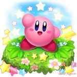  blush_stickers bright_background commentary_request flower gradient gradient_background grass highres kirby kirby_(series) leaf looking_at_viewer ninjya_palette no_humans official_style open_mouth smile solo star twitter_username 