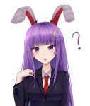  ? alternate_costume animal_ears bangs blunt_bangs blush breasts bunny_ears collar cosplay crescent crescent_hair_ornament danraz0r eyebrows_visible_through_hair hair_ornament highres long_hair looking_at_viewer medium_breasts necktie open_mouth patchouli_knowledge purple_eyes purple_hair red_neckwear reisen_udongein_inaba reisen_udongein_inaba_(cosplay) school_uniform simple_background solo spoken_question_mark touhou upper_body very_long_hair white_background 