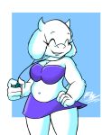  5_fingers anthro big_breasts boss_monster breasts caprine cleavage clothed clothing eyebrows eyelashes eyes_closed female fur goat hand_on_hip hi_res horn iyzeekiil mammal midriff navel skirt slightly_chubby solo thick_thighs toriel undertale video_games white_fur 