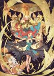 antiholiday aqua_cape bare_arms blue_eyes commentary_request floating floating_hair flower glowing glowing_eyes granblue_fantasy graphos hairband jewelry long_hair red_hair sara_(granblue_fantasy) 