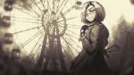  amusement_park blurry carrying chernobyl depth_of_field eyepatch ferris_wheel gloves gun highres looking_at_viewer monochrome original pripyat real_world_location renkonv ruins sepia signature sketch solo stalker_(game) trench_coat weapon 