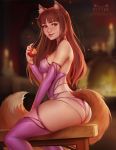  animal_ears apple artist_name ass bangs blush breasts brown_hair daria_leonova detached_sleeves eyebrows_visible_through_hair food from_side fruit holding holding_food holding_fruit holo lingerie lips long_hair looking_back medium_breasts panties purple_legwear purple_panties raised_eyebrow red_eyes smile solo spice_and_wolf tail thighhighs underwear wolf_ears wolf_girl wolf_tail 