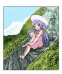  barefoot blue_hair child closed_eyes cloud commentary_request day dress from_side full_body furude_rika green_dress hands_on_own_knees hanyuu hat higurashi_no_naku_koro_ni kototoki long_hair looking_at_viewer mountain multiple_girls open_mouth outdoors pink_dress purple_eyes purple_hair sandals sitting sky smile stairs sun_hat sundress younger 