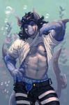  anthro clothing eyrich fish looking_at_viewer male marine muscular muscular_male nipple_piercing nipples pecs piercing shark smile solo standing undressing unzipped 