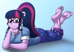  2018 5_fingers 5_toes barefoot butt clothed clothing crossed_legs cyborg-steve equestria_girls feet female hair hi_res humanoid looking_at_viewer lying multicolored_hair my_little_pony not_furry on_front ponytail purple_eyes purple_hair simple_background smile soles solo thick_thighs toes twilight_sparkle_(eg) 