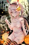  animal ayanami_(azur_lane) azur_lane bandages bangs bare_tree bat bird black_hairband black_hat blurry blurry_background breasts brown_eyes candy candy_wrapper castle chick closed_mouth collarbone demon_horns depth_of_field endsmall_min eyebrows_visible_through_hair fake_horns fingernails food full_moon ghost hair_between_eyes hair_ornament hairband halloween halloween_basket hand_up hat headgear high_ponytail highres horns jack-o'-lantern jack-o'-lantern_hair_ornament light_brown_hair lollipop long_hair medium_breasts moon naked_bandage navel night night_sky outdoors ponytail sitting sky smile solo sparkle striped striped_legwear tower tree very_long_hair witch_hat 