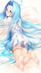  1girl :t ahoge ass bare_shoulders barefoot bed_sheet blue_eyes blue_hair blush chemise closed_mouth embarrassed eyebrows_visible_through_hair feet feet_up female from_behind full_body granblue_fantasy half-closed_eyes hand_up highres long_hair looking_at_viewer looking_back lying lyria_(granblue_fantasy) matching_hair/eyes nose_blush on_stomach peeing peeing_self puddle see-through shiny shiny_hair solo unosuke very_long_hair 
