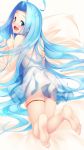  1girl ahoge ass bare_shoulders barefoot bed_sheet blue_eyes blue_hair chemise eyebrows_visible_through_hair feet feet_up female from_behind full_body granblue_fantasy hand_up happy highres long_hair looking_back looking_to_the_side lying lyria_(granblue_fantasy) matching_hair/eyes on_stomach open_mouth see-through shiny shiny_hair smile solo teeth unosuke very_long_hair 