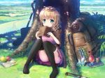  :3 apple backpack bag black_legwear blonde_hair blush book closed_mouth day eyebrows_visible_through_hair food fruit green_eyes holding holding_book looking_at_viewer map original outdoors pocket_watch psyche3313 short_hair sitting smile solo sword test_tube thighhighs tree tree_shade watch weapon 