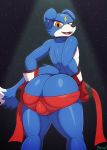  2018 absurd_res anthro balls bandanna big_butt blue_fur boxing_gloves bulge butt butt_focus canine convenient_censorship covering covering_self digimon digital_drawing_(artwork) digital_media_(artwork) dipstick_tail fangs fur gaomon hi_res looking_at_viewer looking_back male mammal markings miso_souperstar mostly_nude multicolored_tail open_mouth rear_view signature smile solo spotlight white_fur yellow_eyes yellow_markings 