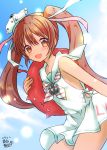  1girl armpit_cutout bangs bare_arms bare_shoulders blue_sky blush cloud cloudy_sky commentary_request day diagonal-striped_neckwear eyebrows_visible_through_hair eyes_visible_through_hair hair_between_eyes holding kantai_collection libeccio_(kantai_collection) long_hair looking_at_viewer miniskirt neckerchief open_mouth orange_eyes outdoors pleated_skirt raised_eyebrows red_hair sailor_collar sailor_collar_lift skirt sky solo tan very_long_hair white_sailor_collar white_skirt 