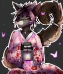  ambient_butterfly ambient_insect arthropod asian beverage brown_eyes butterfly cat clothed clothing digital_media_(artwork) feline female female_focus fluffy fluffy_tail glowing grace group hair holding_cup hybrid insect japan japanese japanese_clothing kimono looking_at_viewer mammal mane naahva sitting solo_focus tea 