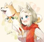  :d animal animal_ears animal_on_shoulder arm_behind_back blue_eyes blush breasts brown_eyes brown_hair carrying carrying_over_shoulder chinese_zodiac dog dog_ears hair_ornament hairclip large_breasts manishi_mari number open_mouth original plaid plaid_scarf red_scarf ribbed_sweater scarf shiba_inu smile solo sweater tongue tongue_out twitter_username upper_body year_of_the_dog 