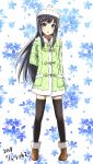  alternate_costume asashio_(kantai_collection) beanie black_hair black_legwear blue_eyes blush brown_footwear commentary_request duffel_coat floral_background full_body graphite_(medium) h2_(h20000000) hat highres jacket kantai_collection long_hair long_sleeves looking_at_viewer open_mouth shoes solo traditional_media white_hat winter_clothes 