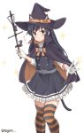  asashio_(kantai_collection) belt black_cape black_hair blue_eyes bow bowtie buttons cape cat_ears cat_tail commentary dress frilled_dress frills gloves halloween halloween_costume hat highres holding holding_staff kantai_collection long_hair long_sleeves looking_at_viewer meguru_(megurunn) orange_bow orange_ribbon pinafore_dress remodel_(kantai_collection) ribbon school_uniform searchlight shirt simple_background sparkle sparkle_background staff striped striped_legwear tail thighhighs twitter_username white_gloves white_shirt witch witch_hat 