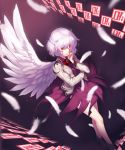  bangs bare_legs bow bowtie braid covering_mouth dress dutch_angle eyebrows_visible_through_hair feathered_wings feathers french_braid full_body gradient gradient_background hair_between_eyes hand_on_own_face jacket kaiza_(rider000) kishin_sagume long_sleeves looking_at_viewer open_clothes open_jacket purple_background purple_dress red_bow red_eyes shoes short_dress short_hair silver_hair single_wing solo touhou white_jacket white_wings wind wind_lift wings 